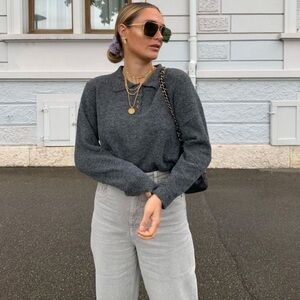 Madewell Gray V-Neck Collared Sweater